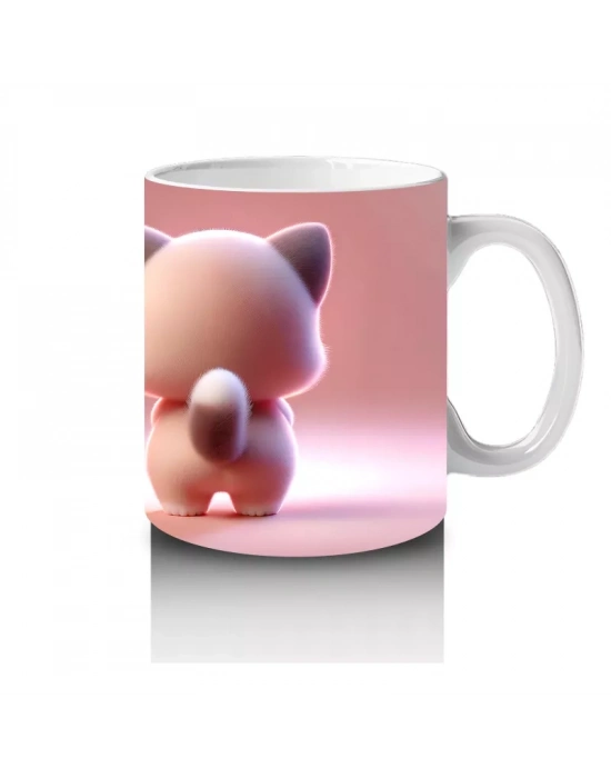 Kalpli Figür Tutan Sevimli Pembe Kedi (Ön ve Arka) - Baskılı kahve kupası