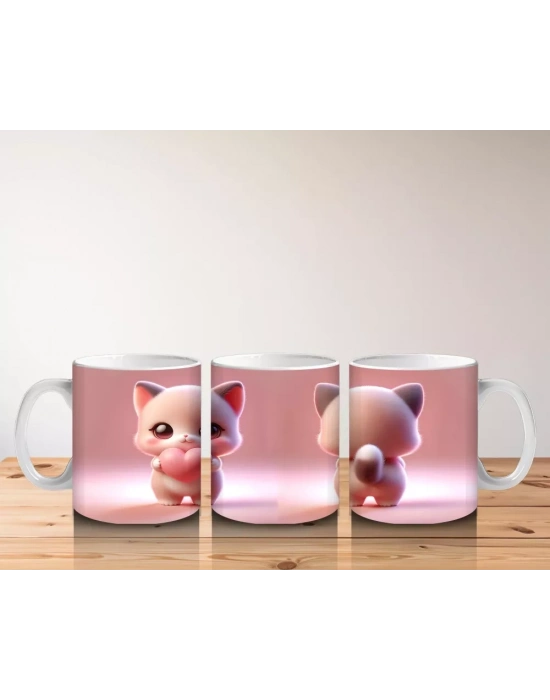 Kalpli Figür Tutan Sevimli Pembe Kedi (Ön ve Arka) - Baskılı kahve kupası