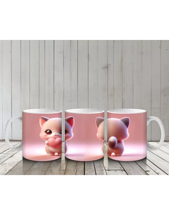 Kalpli Figür Tutan Sevimli Pembe Kedi (Ön ve Arka) - Baskılı kahve kupası
