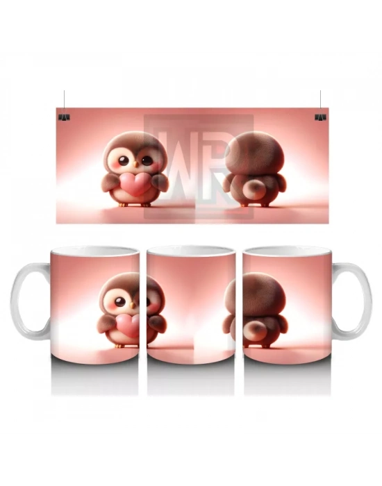 Kalpli Figür Tutan Sevimli Penguen (Ön ve Arka Görünüm) - Baskılı kahve kupası