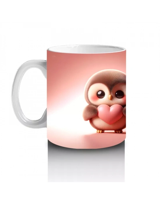 Kalpli Figür Tutan Sevimli Penguen (Ön ve Arka Görünüm) - Baskılı kahve kupası