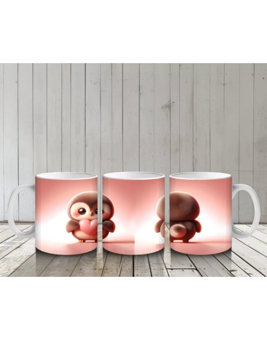 Kalpli Figür Tutan Sevimli Penguen (Ön ve Arka Görünüm) - Baskılı kahve kupası