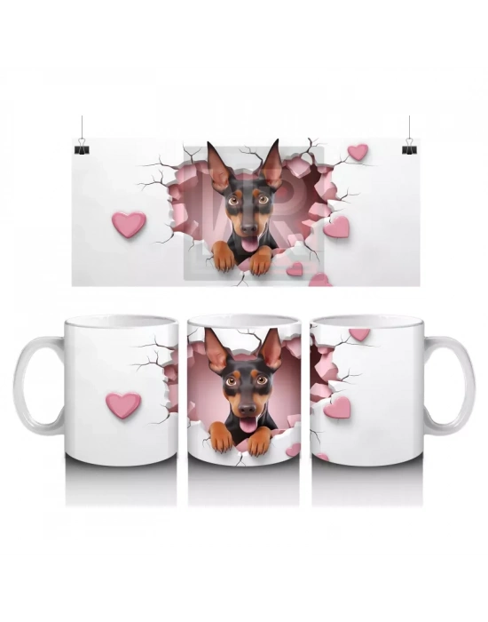 Kalpli Fon Üzerinde Sevimli Doberman – Baskılı Kahve Kupası