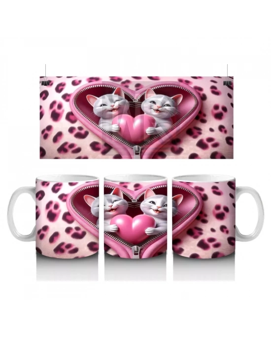 Kalpli Fon Üzerinde Sevimli Kediler – Baskılı Kahve Kupası