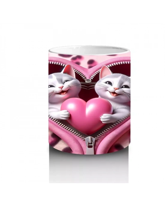 Kalpli Fon Üzerinde Sevimli Kediler – Baskılı Kahve Kupası