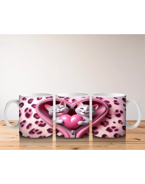 Kalpli Fon Üzerinde Sevimli Kediler – Baskılı Kahve Kupası