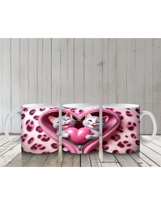 Kalpli Fon Üzerinde Sevimli Kediler – Baskılı Kahve Kupası