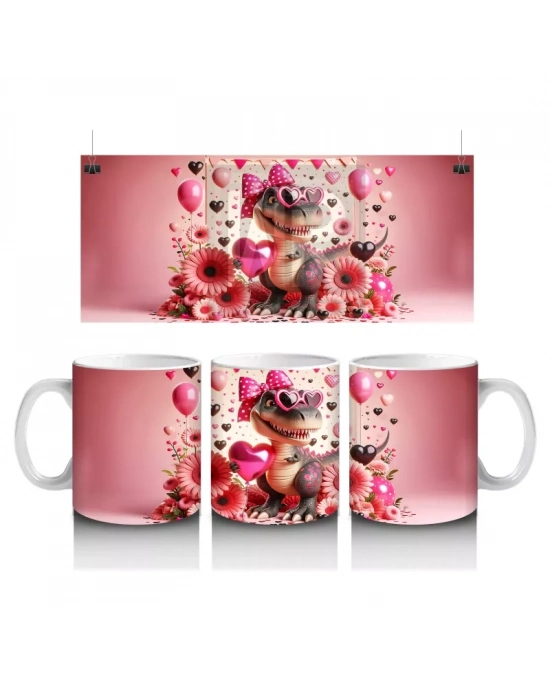 Kalpli Gözlüklü Çiçekler Arasında Dinozor Tasarımı - Baskılı kahve kupası