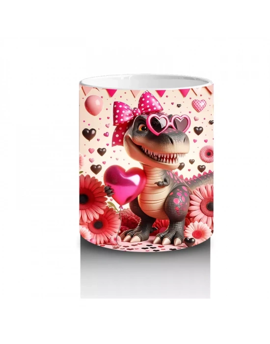 Kalpli Gözlüklü Çiçekler Arasında Dinozor Tasarımı - Baskılı kahve kupası