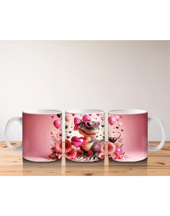 Kalpli Gözlüklü Çiçekler Arasında Dinozor Tasarımı - Baskılı kahve kupası