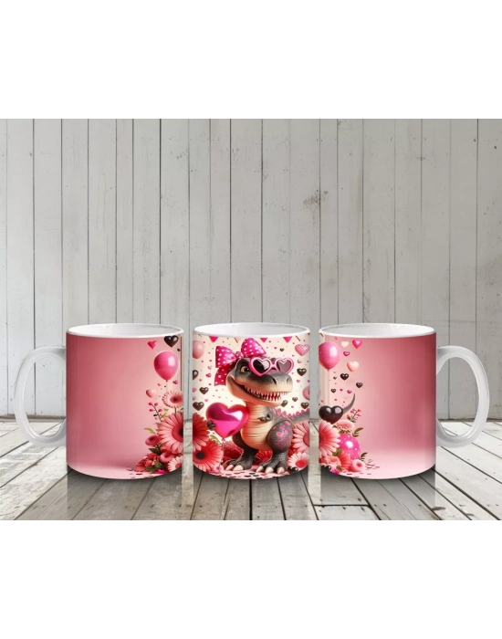 Kalpli Gözlüklü Çiçekler Arasında Dinozor Tasarımı - Baskılı kahve kupası