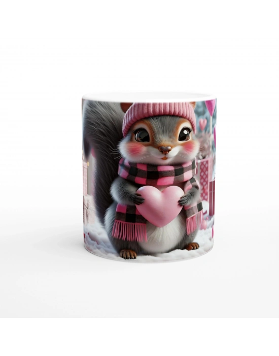 Kalpli Hediye Kutuları Arasında Sevimli Sincap Temalı Baskılı Kupa Bardak