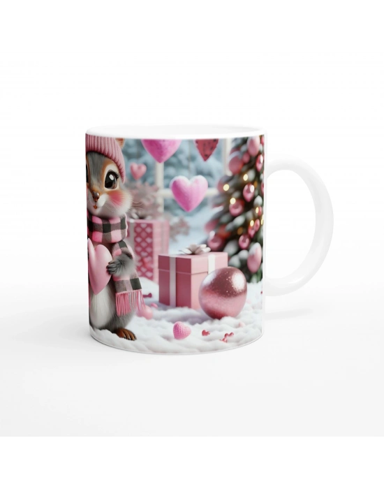 Kalpli Hediye Kutuları Arasında Sevimli Sincap Temalı Baskılı Kupa Bardak