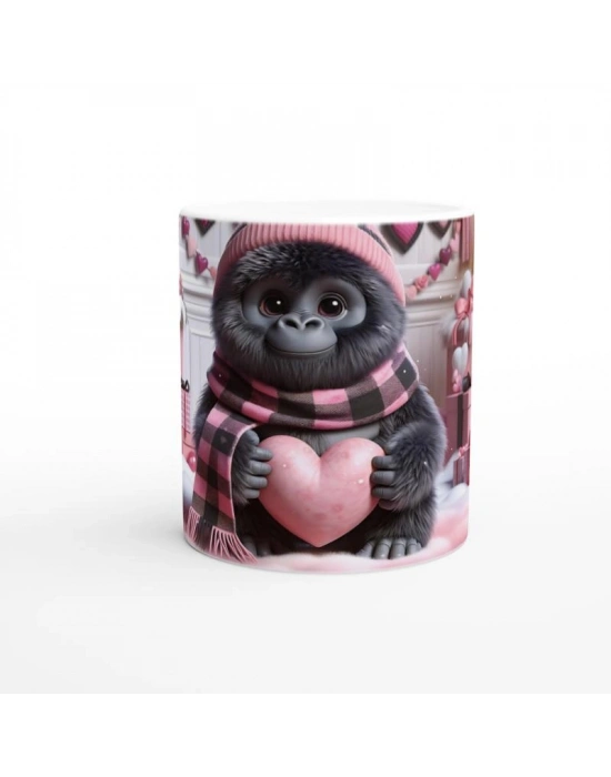 Kalpli Hediye Tutan Sevimli Goril Temalı Baskılı Kupa Bardak