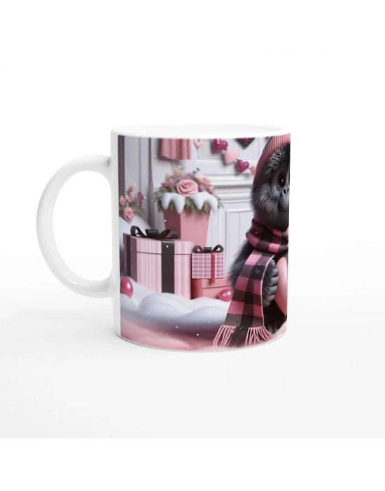 Kalpli Hediye Tutan Sevimli Goril Temalı Baskılı Kupa Bardak