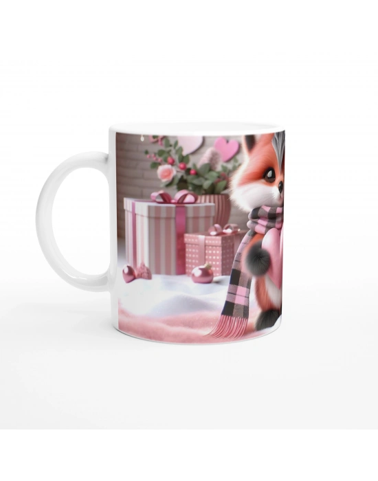 Kalpli Hediye Tutan Sevimli Tilki Temalı Baskılı Kupa Bardak