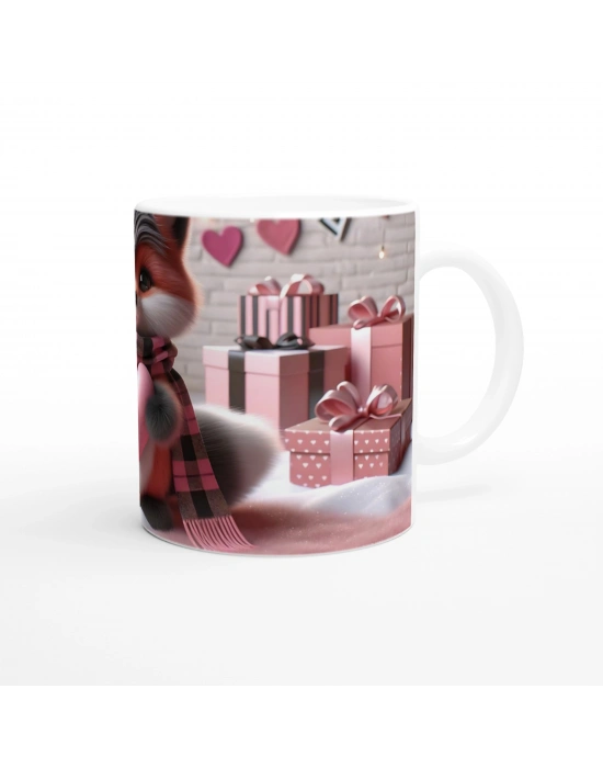 Kalpli Hediye Tutan Sevimli Tilki Temalı Baskılı Kupa Bardak