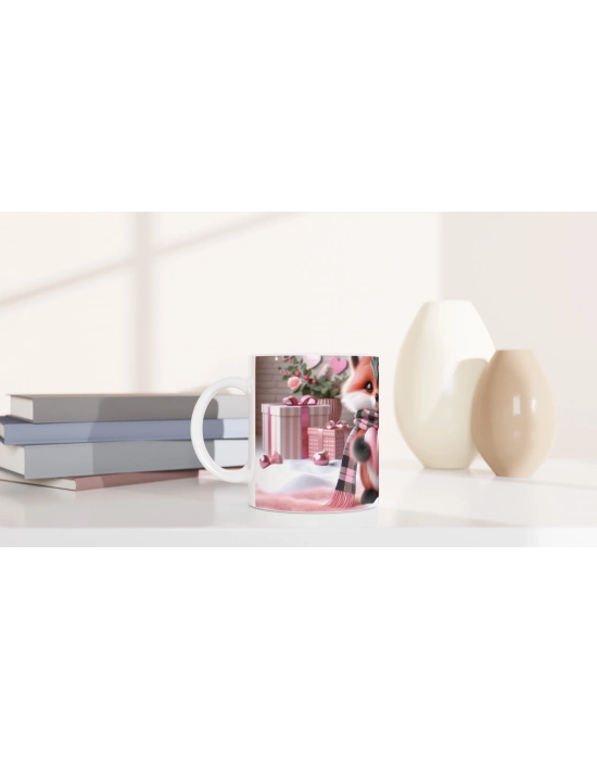 Kalpli Hediye Tutan Sevimli Tilki Temalı Baskılı Kupa Bardak