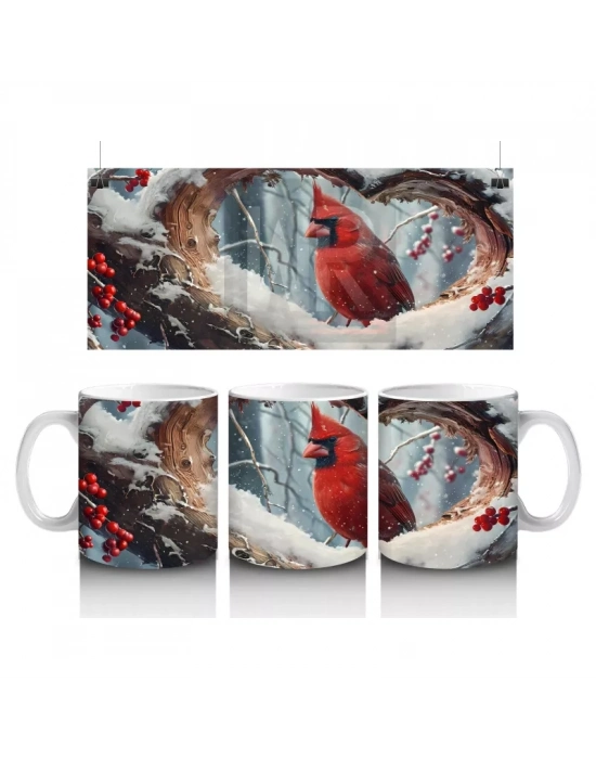 Kalpli Kış Manzarasında Kardinal Kuşu - Baskılı Kahve Kupası