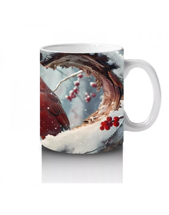 Kalpli Kış Manzarasında Kardinal Kuşu - Baskılı Kahve Kupası