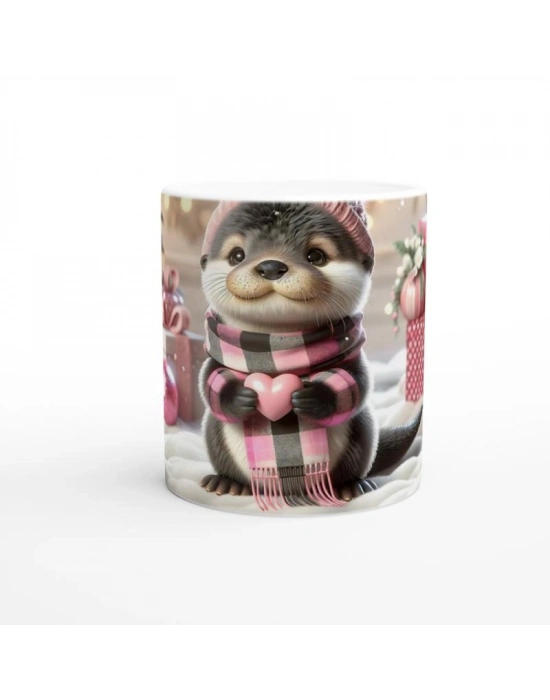 Kalpli Kışlık Şapkalı Su Samuru Temalı Baskılı Kupa Bardak