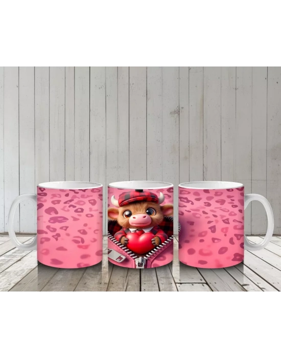 Kalpli Kutuyla Poz Veren Şapkalı Sevimli Buzağı – Baskılı Kahve Kupası