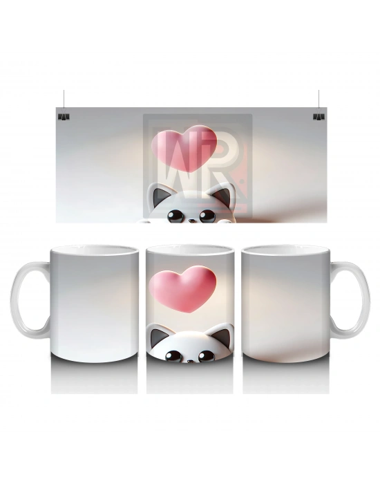 Kalpli Minimal Arka Plan Üzerinde Sevimli Kedi Kafası - Baskılı kahve kupası