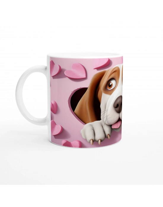 Kalpli Pembe Duvardan Bakan Basset Hound Temalı Baskılı Kupa Bardak