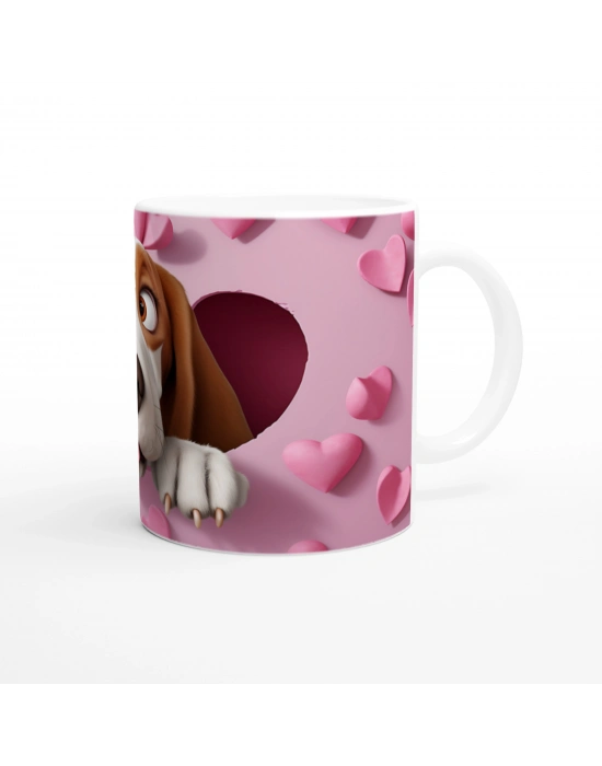 Kalpli Pembe Duvardan Bakan Basset Hound Temalı Baskılı Kupa Bardak