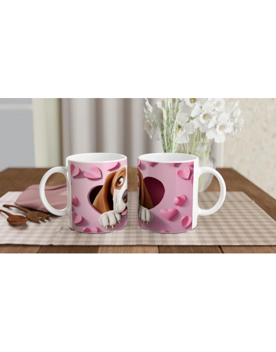 Kalpli Pembe Duvardan Bakan Basset Hound Temalı Baskılı Kupa Bardak