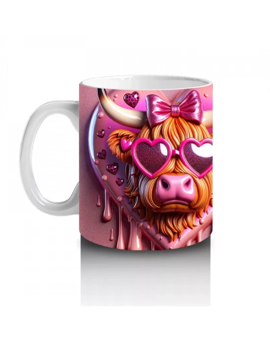 Kalpli Pembe Fon Üzerinde Neon Işıklı Boğa – Baskılı Kahve Kupası