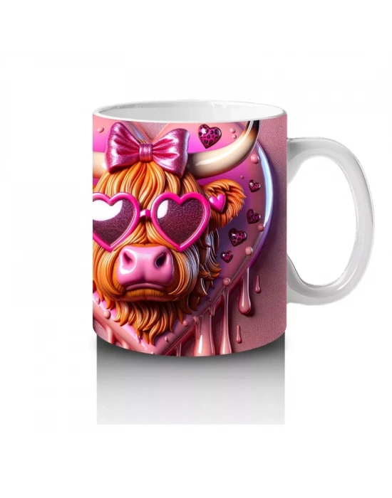 Kalpli Pembe Fon Üzerinde Neon Işıklı Boğa – Baskılı Kahve Kupası