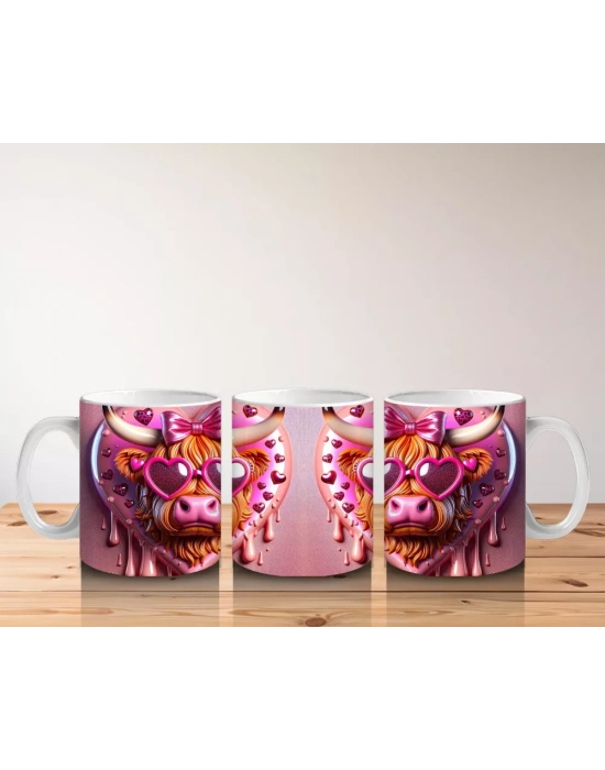 Kalpli Pembe Fon Üzerinde Neon Işıklı Boğa – Baskılı Kahve Kupası