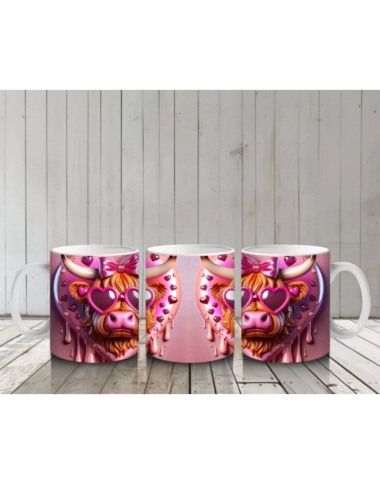 Kalpli Pembe Fon Üzerinde Neon Işıklı Boğa – Baskılı Kahve Kupası