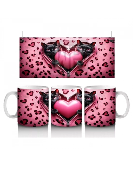 Kalpli Pembe Yastık Tutan Kedi – Baskılı Kahve Kupası