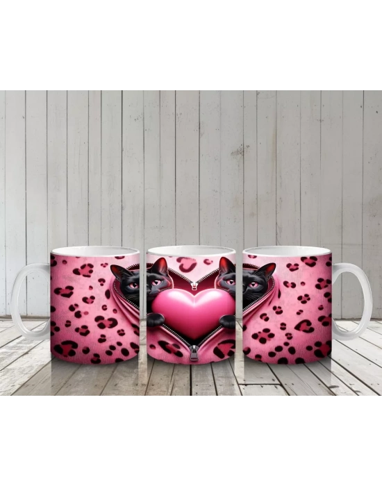 Kalpli Pembe Yastık Tutan Kedi – Baskılı Kahve Kupası