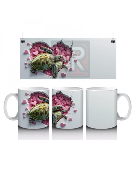 Kalpli Pembe Zemin Üzerinde Sevimli Deniz Kaplumbağası - Baskılı kahve kupası