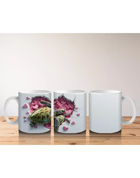 Kalpli Pembe Zemin Üzerinde Sevimli Deniz Kaplumbağası - Baskılı kahve kupası