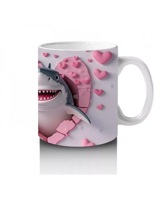 Kalpli Pembe Zeminde Gülümseyen Sevimli Köpekbalığı - Baskılı kahve kupası