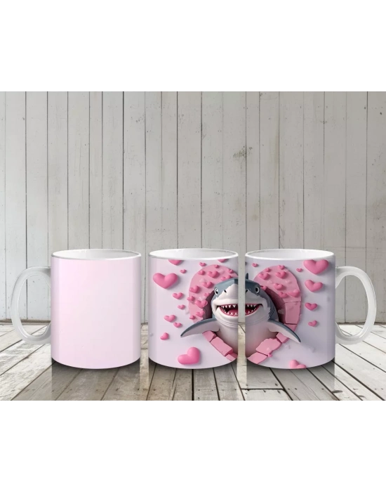 Kalpli Pembe Zeminde Gülümseyen Sevimli Köpekbalığı - Baskılı kahve kupası