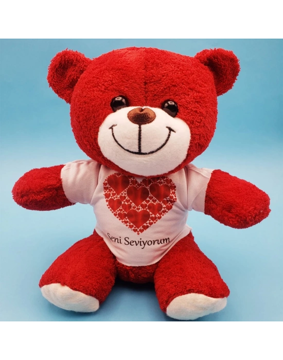 Kalpli Seni Seviyorum Tişörtlü Kırmızı Peluş Ayıcık