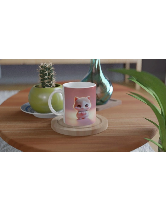 Kalpli Sevimli Kedi Figürlü Baskılı Kupa Bardak