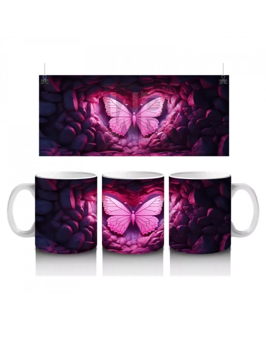 Kalpli Siyah Taşlar Üzerinde Pembe Kelebek – Baskılı Kahve Kupası