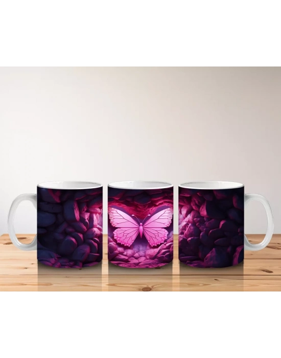 Kalpli Siyah Taşlar Üzerinde Pembe Kelebek – Baskılı Kahve Kupası