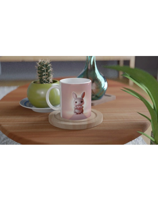 Kalpli Tavşan Figürlü Sevimli Pembe Temalı Baskılı Kupa Bardak