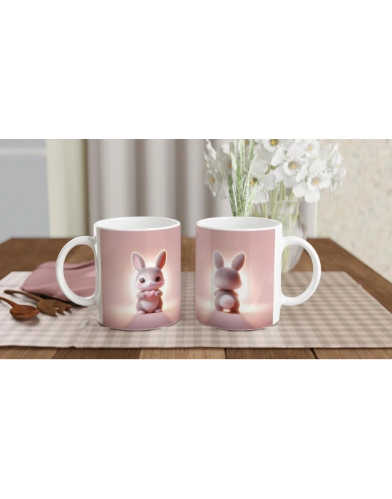 Kalpli Tavşan Figürlü Sevimli Pembe Temalı Baskılı Kupa Bardak