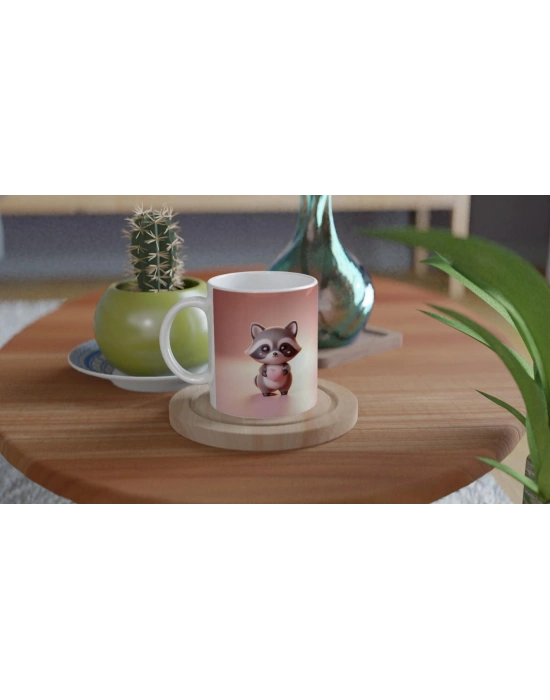 Kalpli Yanaklı Sevimli Rakun Temalı Baskılı Kupa Bardak