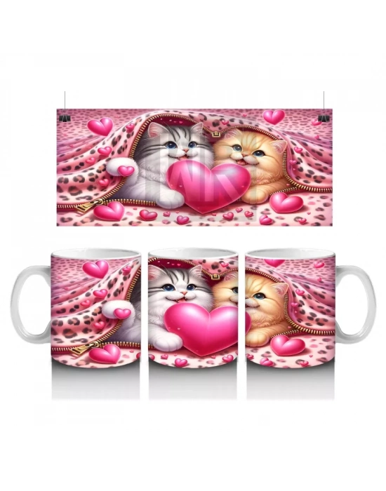 Kalpli Yastığa Sarılmış Çift Kedi – Baskılı Kahve Kupası