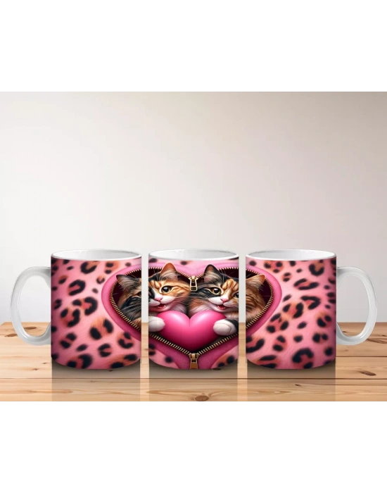 Kalpli Yastığa Sarılmış Sevimli Kedi Çifti – Baskılı Kahve Kupası