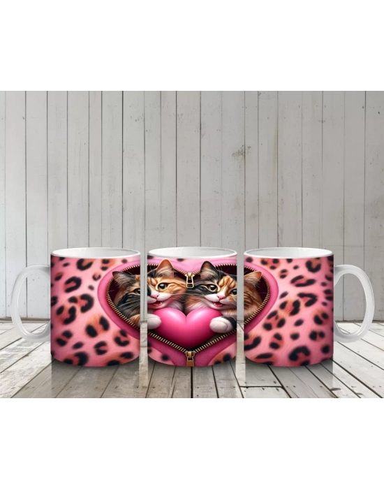 Kalpli Yastığa Sarılmış Sevimli Kedi Çifti – Baskılı Kahve Kupası